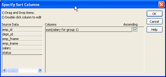 Shown is the Specify Sort Columns dialog box.