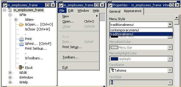 Shown is the Menu painter layout with a focus on the Menu Style