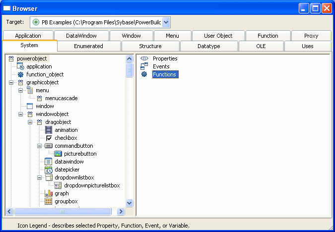 The sample shows the System tab of the Browser window. The left pane has an expanded Tree View. The right pane lists text and icons for Properties, Events, and Functions.