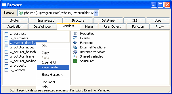 Shows is the Window tab page of the Browser. The left half of the screen lists windows, and the right half lists Properties, Events Functions, Variables, and Structures. The pop up menu lists the options Edit, Copy, Paste, Expand All, Regenerate, Show Hierarchy, which is checked, Document, and Help.