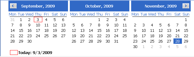 Three months of a calendar display from left to right, with arrows at the top to allow the user to move to earlier or later months.