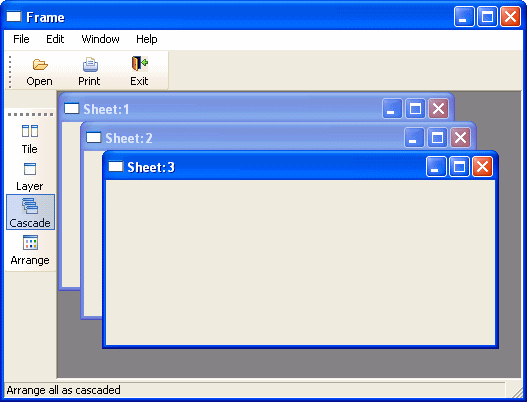 This screen shows New, Print, and Exit buttons on a toolbar associated with the Frame (the FrameBar), and the window management buttons Tile, Layer, Cascade, and Arrange on a toolbar associated with the sheets (the SheetBar).