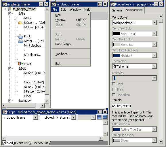 The Menu painter layout for the top level menu object is shown