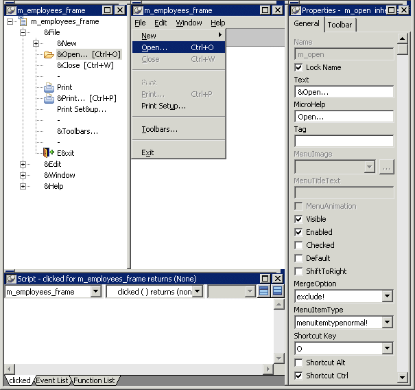 The Menu painter layout is shown for the Open menu item