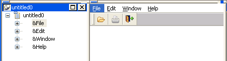 The left pane of the sample screen shows the menu bar with the options File, Edit, Window, and Help displayed horizontally from left to right. The right pane displays the same menu options unexpanded and indented under the new menu named untitled 0.