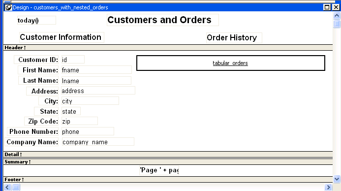 The Design View sample shows a header band for the Customers and Orders report that includes the title Customer Information on the left and Order History on the right. In the Detail band, labels and columns display on the left for the for I D, name, address, and phone information for a customer. On the right there is only a box labeled Tabular Orders.