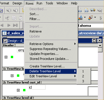 Delete TreeView Level is on the Rows menu and has a submenu that shows the current levels in the data window.