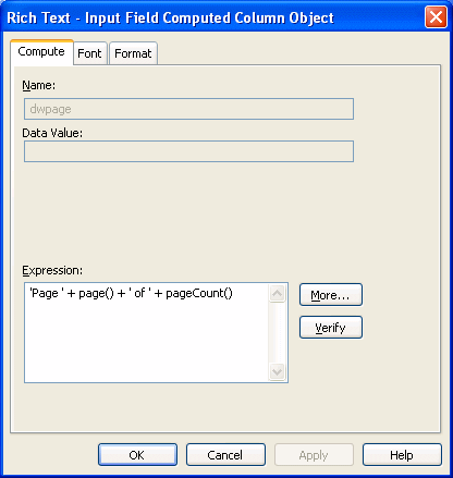 The sample shows the Compute page of the Rich Text - Input Field Computed Column Object dialog box. Displayed at top is a Name box showing the name d w page, then an empty box for Data Value. At the bottom is an Expression box where you specify the expression for the computed field. It displays ’ Page ’ + page ( )  + ’ of ’ + page Count ( ).