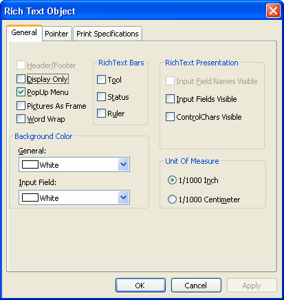 Shown is the General property page on the user’s Rich Text Object dialog box.