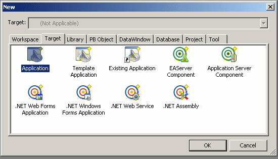 The Target tab page of the new dialog box includes icons for applications, template applications, existing applications, EAServer components, application server components,JSP targets, source-controlled JSP targets, .NET Windows Forms and Web Forms applications, and .NET assemblies and Web services. 