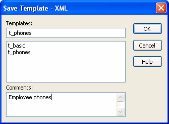 The sample shows the Save Template dialog box. At top is the label Templates : and a box that displays the selected template t _ address. Under this, a list of available templates is displayed. It includes t _ address and t _ phone. At bottom is a Comments box with the entry Employee Address Book.