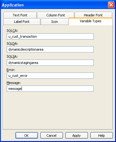 The sample shows the Variable Types tab of the Application properties dialog box