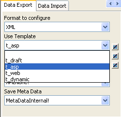 The sample displays the Data Export page in the Properties view. XML is selected from the Format to configure drop down list. From the Use Template drop down list, template 1 has been selected. Next, a check box labeled Iterate Header for Groups is checked. Below that, an Include White space check box is cleared. XML None ! is selected from the Meta Data Type drop down list, and Meta Data Internal ! is selected from the Save Meta Data drop down list.