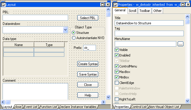 Shown is the default layout for the Window painter workspace.