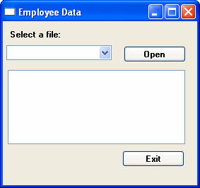Shown is a sample window with the title Employee Data. There is a Select a file drop down list box with an Open button. At bottom is a rectangular box for editing script and an Exit button.
