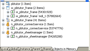 The sample shows Memory Objects tab page, which displays a list of objects currently in memory. The list has been expanded for two objects. One is w _ gen app _ frame, which has three instances indented below it.