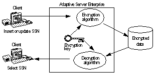 Image shows two clients connecting to Adaptive Server and accessing encrypted data with the encryption key.