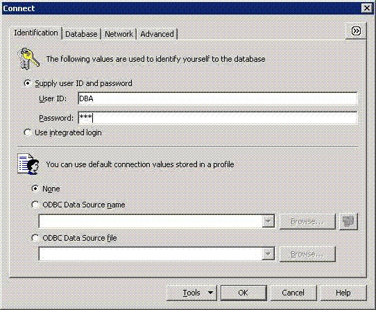 The Connect page shows where to type DBA and the password.