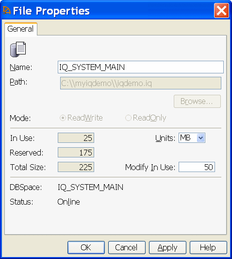 The File Properties page shows how to increase the file size in IQ_SYSTEM_MAIN.