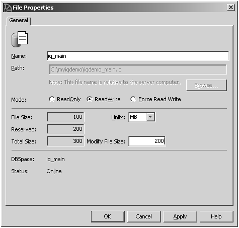 File Properties dialog for iq_main has MB selected for units and 200 in Modify File Size field.