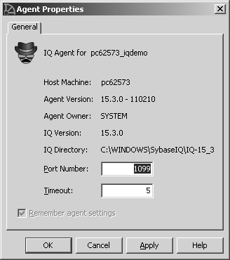 The Agent Properties screen verifies that the agent port is the one on which you started the agent.