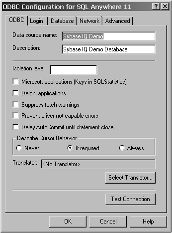 The ODBC tab is selected and shows the Data Source Name Sybase IQ Demo and Description Sybase IQ Demo Database. 