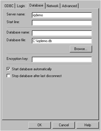 The Database tab is selected and shows Server name iqdemo and the Database file path.  Start Database Automatically is checked.