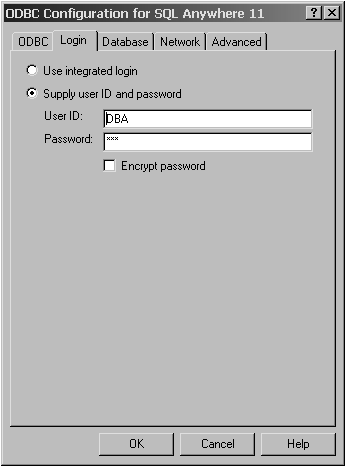 The Login tab is selected and shows User ID DBA and Password hidden by asterisks.
