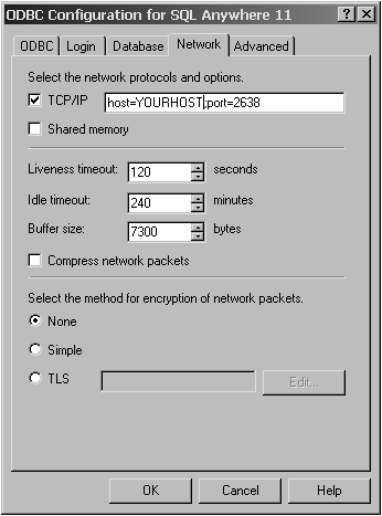 The Network tab is selected with the TCP/IP box checked. TCP parameters are typed in the space provided.  
