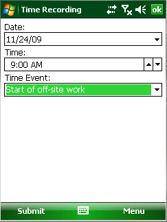Time Recording screen on Windows Mobile