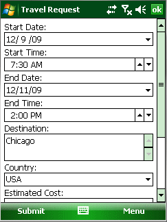 Travel Request screen on Windows Mobile - top part