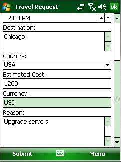 Travel Request screen on Windows Mobile - bottom part