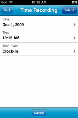 Time Recording screen on iPhone