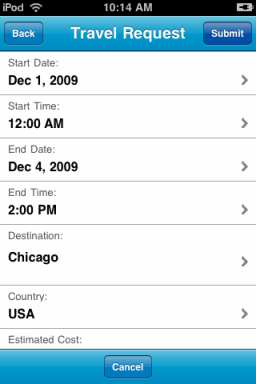 Travel Request screen on iPhone - top part