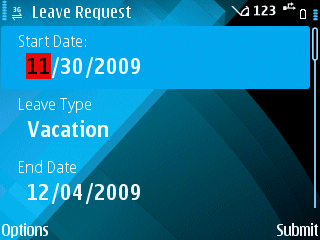 Leave Request screen on Symbian - top part