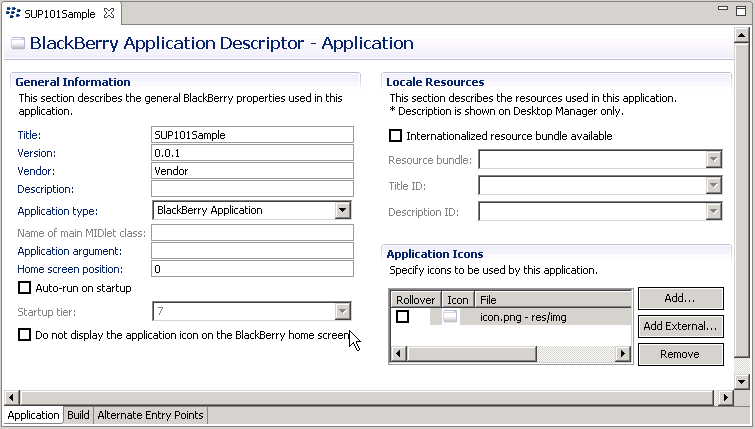 BlackBerry Application Descriptor window