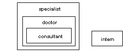 Image shows a large box labled "Specialist" with another box inside labled "doctor" which includes a smaller box inside labled "consultant." A small box sits outside this  group and is labled "intern"