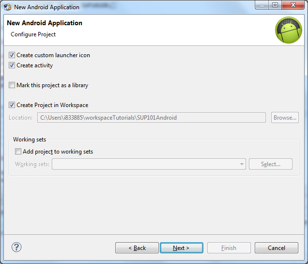 Android Tutorial Configure Project Window