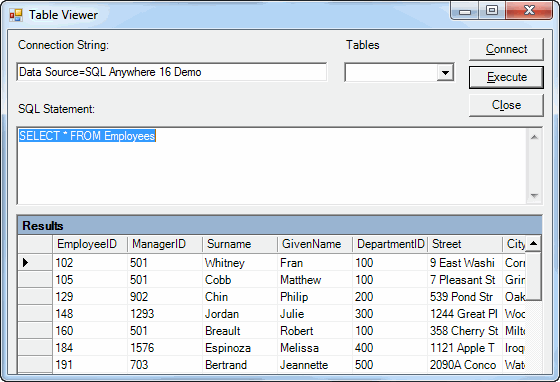 
       Screen shot of table viewer with the Employees table of the sample database selected.
      