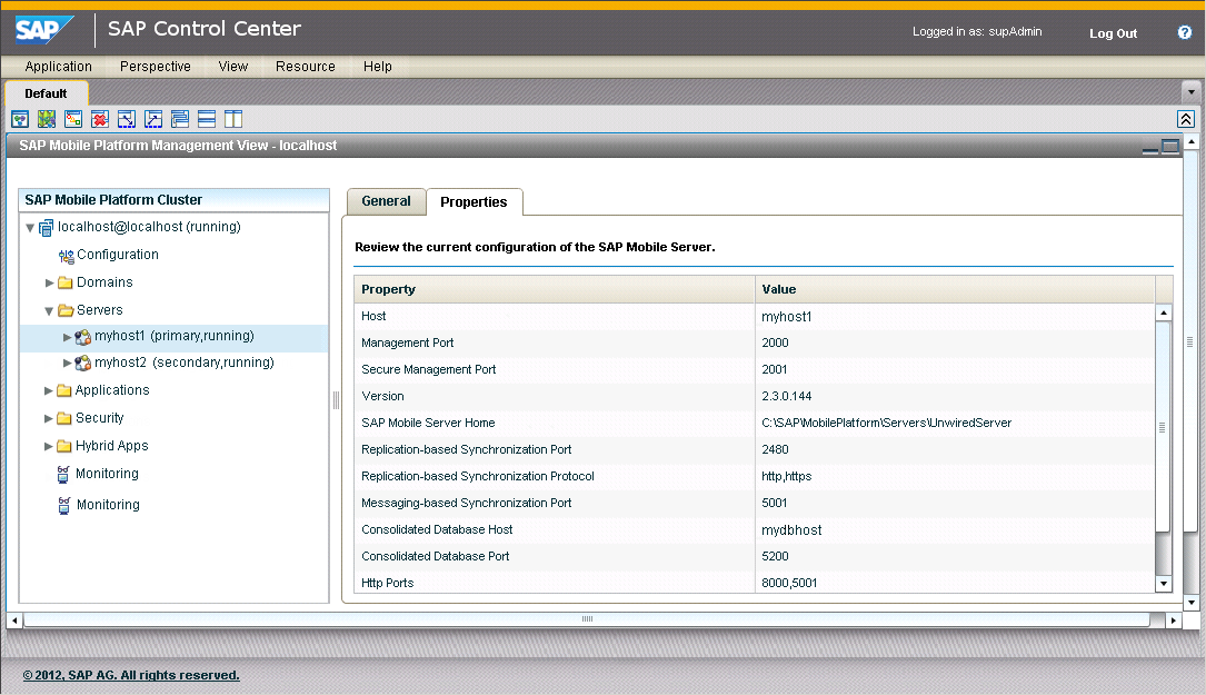 Verifying SAP Mobile Server node properties in SAP Control Center