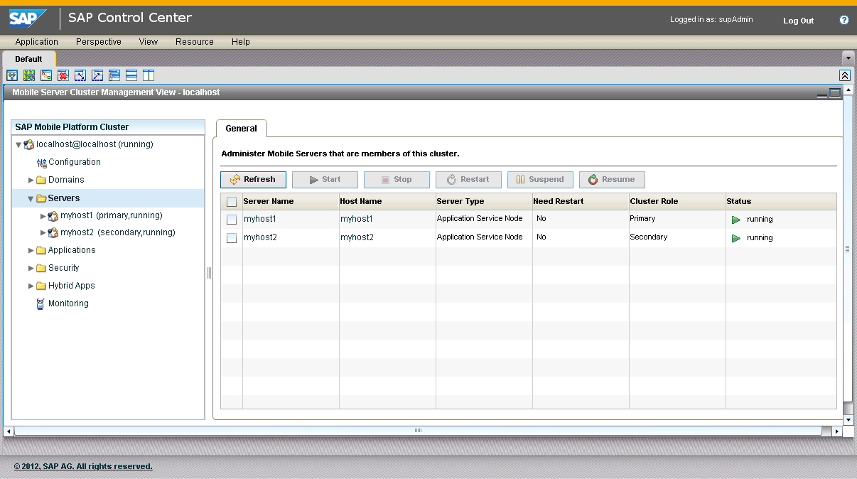 Verifying that you can see SAP Mobile Server nodes in SAP Control Center