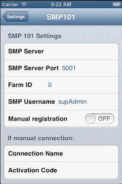 iPhone Simulator - SMP101 Connection Settings