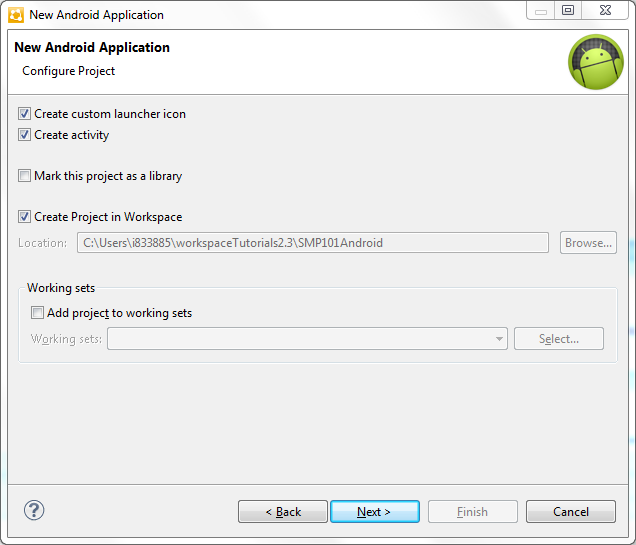Android Tutorial Configure Project Window