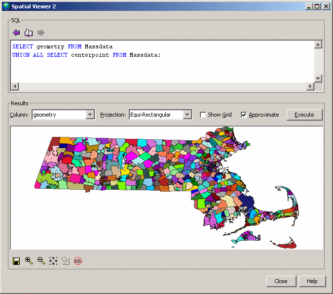 
        The state of Massachusetts displayed as colored polygons, each representing a zip code region. A dot in each polygon marks its center point.
       