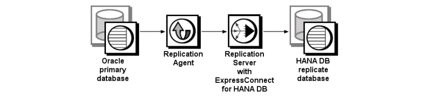 This figure                 displays the Sybase replication system components: Oracle primary database,                 Replication Agent, Replication Server with ExpressConnect for HANA DB, and                 HANA DB replicate database.