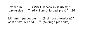 Image consists of two forumulas: Procedure cache size = (Max number of concurrent users) times (4 + size of largest plan) times 1.25  Minimum procedures cache size = (number of main procedures) times (Average plan size)