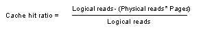 Image shows a formula: the value for cache hit ration equals logical reads minus the number of physical reads times the number of pages, all divided by the number of logical reads.