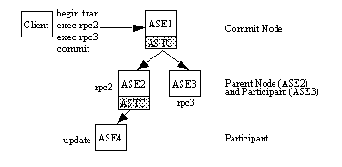 Graphic describes a client connecting to one Adaptive Server (ASE1), which in turn connects to two other Adaptive Servers (ASE2 and ASE3).