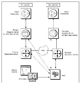 Figure 2-1 illustrates a simple configuration for a wan based distributed database system based on Replication Server. It shows a primary and a replicate site. Each site contains a client application, a primary and replicate data server, a primary and replicate Replication Server, an R M plug dash in to Sybase Central in the primary site, and R M S in the replicate site. Data is transferred to the replicate site through wan. In the replicate site, the client applications use the data server to store and retrieve data and to process transactions and queries. The Replication Server coordinates data replication activities for local databases and exchange data with the Replication Server that manage data in the replicate site. The R M plug dash in in the primary site connects to the replicate Replication Server through R M S.