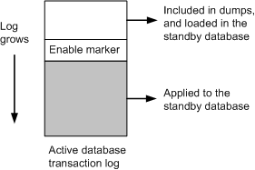 Figure 3-3 shows an Active database transaction log. It illustrates the use of dump and load without dump marker, or using bcp. No transactions are executed in the active database between the time the enable replication marker is written and the time the data in the active database is dumped using the dump command, or copied using bcp or mount.